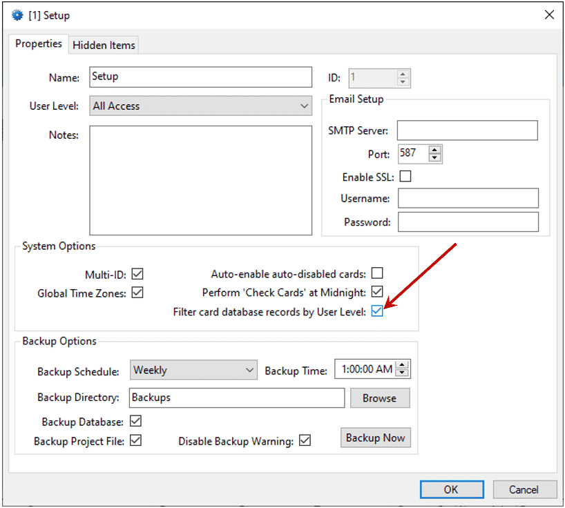 Setup properties dialog